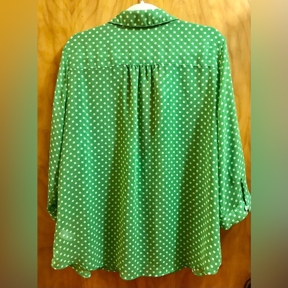 Susan Graver Green and White Polka Dot Chiffon Top Size L - Picture 2 of 6